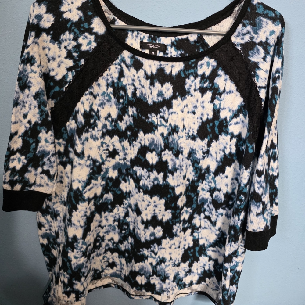 Simply Vera Vera Wang Black and Blue Abstract Long Sleeve Top